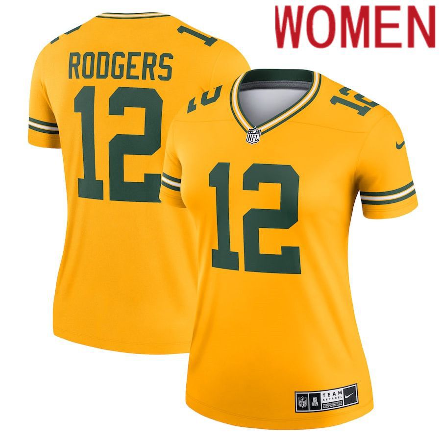 Women Green Bay Packers 12 Aaron Rodgers Nike Gold Inverted Legend NFL Jersey